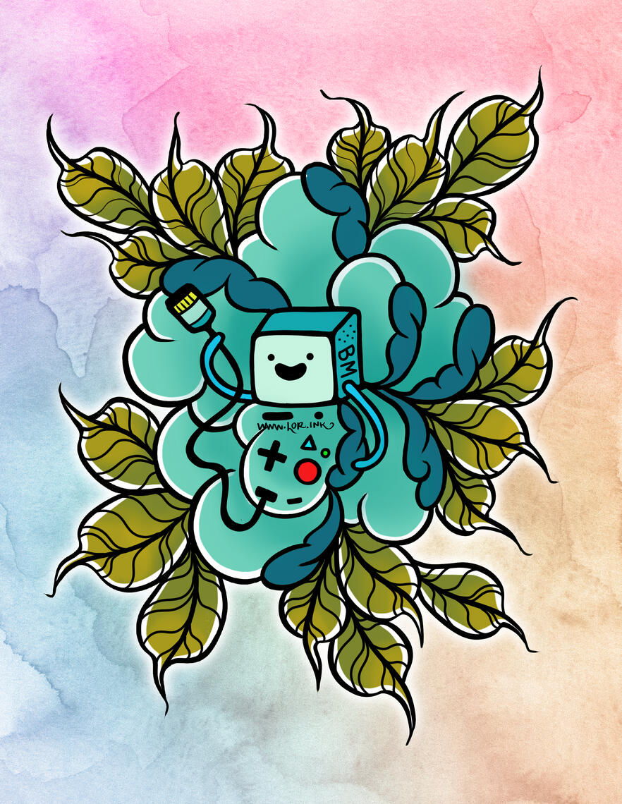 An illustration of the computer/video game character "BMO" from the TV series Adventure Time. She is transformed into a peony in a somewhat traditional Japanese tattoo style (Irezumi) with blue petals and outer green leaves. The background is rainbow and
